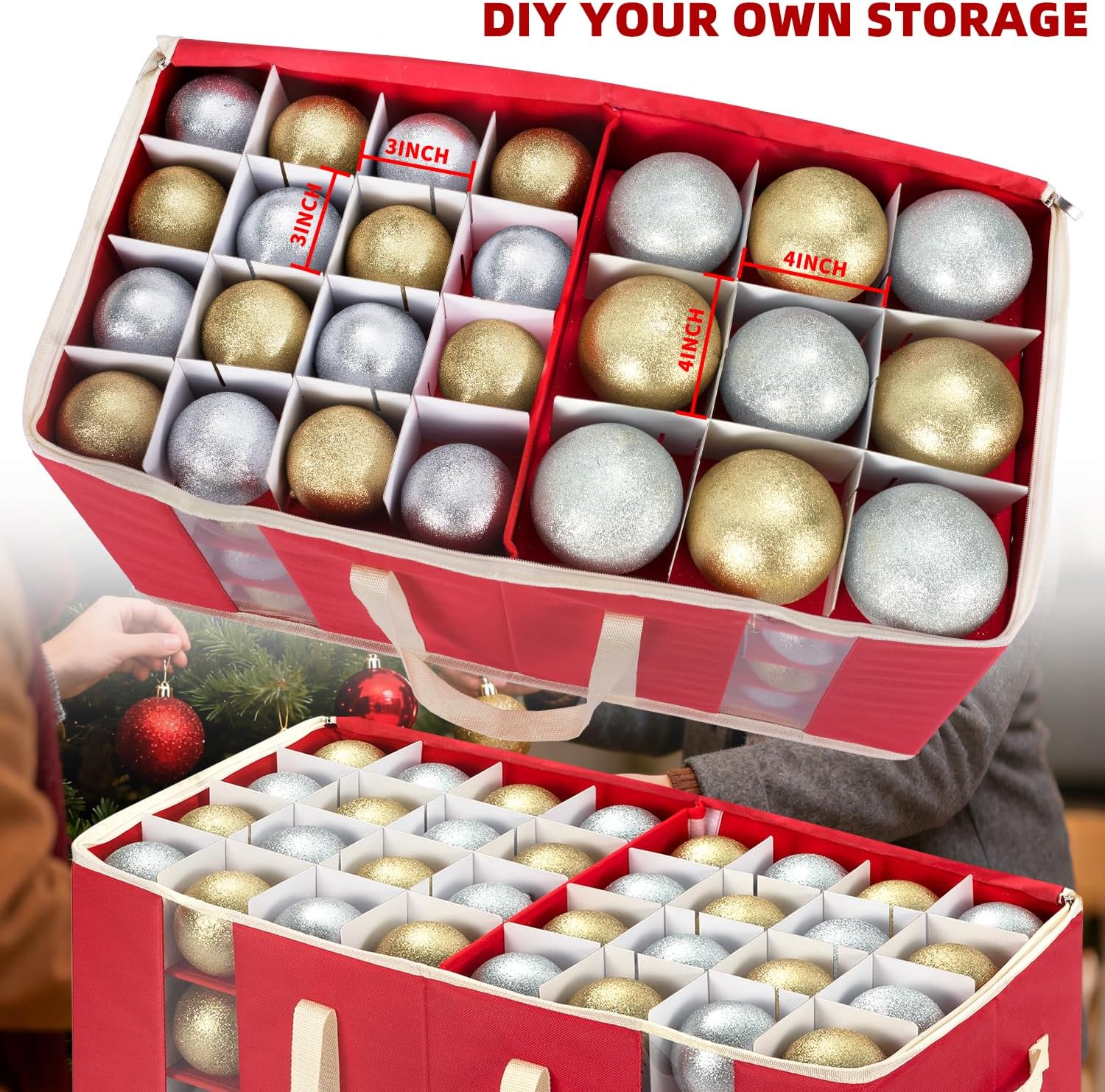 JY COOKMENT Christmas Ornament Storage Box with Adjustable Dividers. Large Holiday Ornaments Storage Container Bin with Zippered Top for Xmas Decorations (128-3 Balls. Red. Without Tray) - Image 7