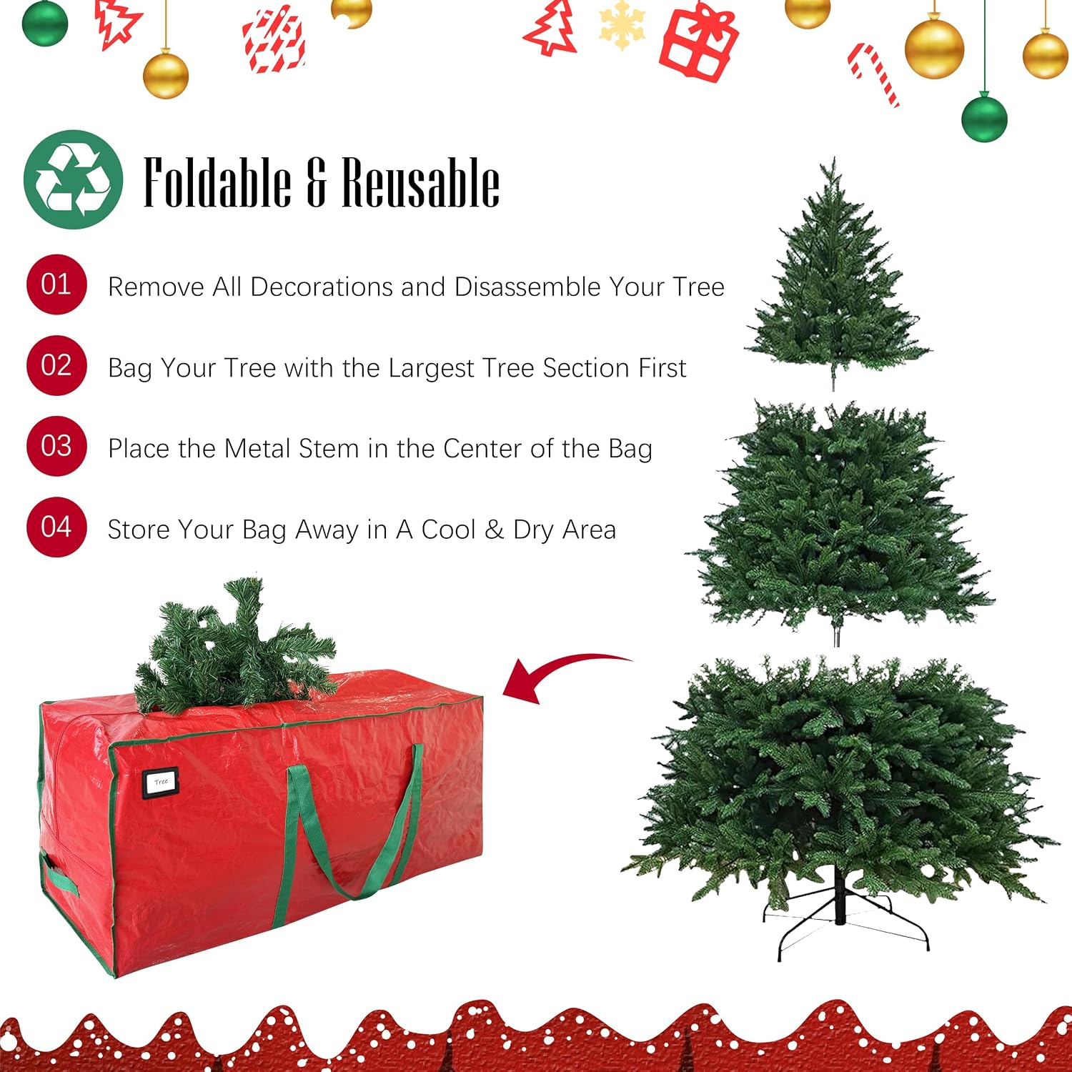 Cosy Family 7.5 ft Christmas Tree Storage Bag - Durable Heavy Duty Extra Large Artificial Xmas Holiday Tree Bag with Reinforced Handles and Dual Zippers Wide Opening - Red - Image 3