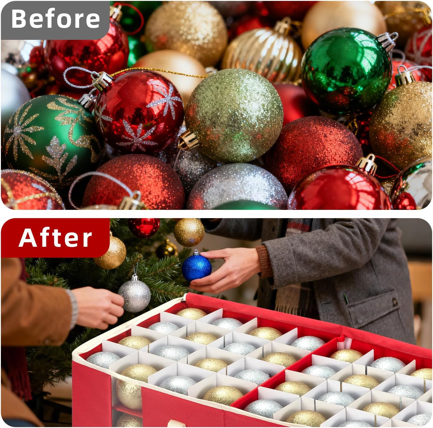 JY COOKMENT Christmas Ornament Storage Box with Adjustable Dividers. Large Holiday Ornaments Storage Container Bin with Zippered Top for Xmas Decorations (128-3 Balls. Red. Without Tray) - Image 4