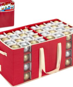 JY COOKMENT Christmas Ornament Storage Box with Adjustable Dividers. Large Holiday Ornaments Storage Container Bin with Zippered Top for Xmas Decorations (128-3 Balls. Red. Without Tray)