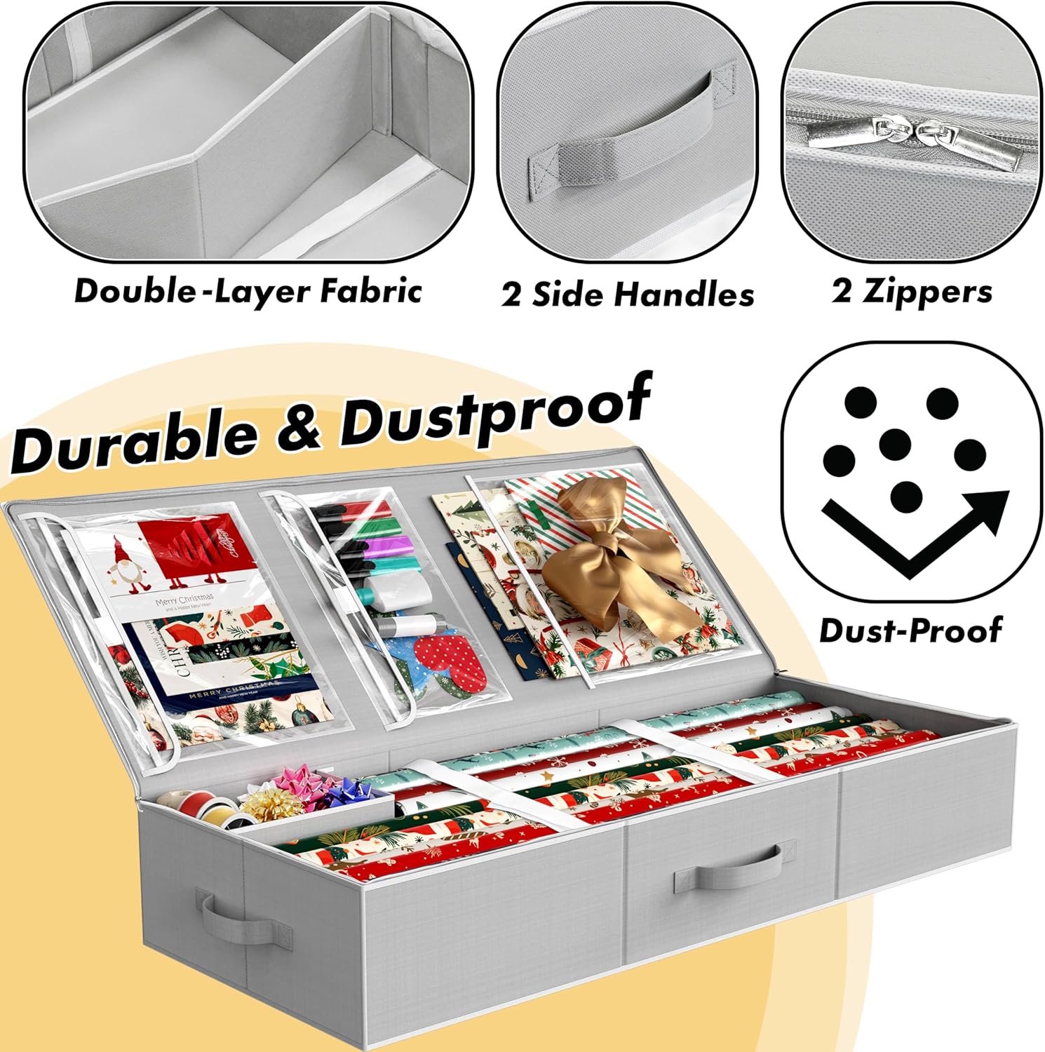 Simple Houseware 41.5 Wrapping Paper Storage Organizer - Fits 40 Rolls with Adjustable Straps. Interior Divider for Ribbons & Bows. 3 Clear Pockets for Gift Bags & Tools. 41.5''L x 16''W. Gray - Image 3